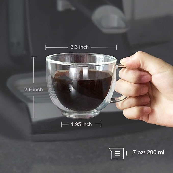 Double Wall Glass Expresso Coffee Mugs Set Of 4 (7 OZ / 200 ML) Insulted Clear Cappuccino Coffee Mugs Tea Cups
