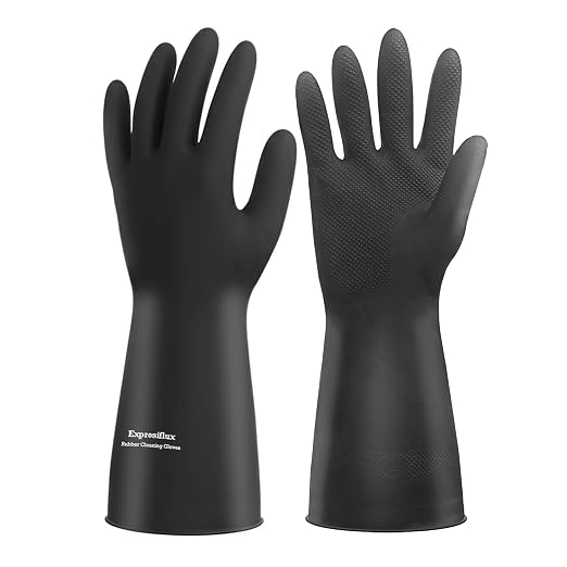 Heavy-Duty Thick Black Rubber Cleaning Gloves, 1 Pair, XL | Reusable & waterproof black/orange dual layers. Non-slip design for dishwashing, kitchen cleaning, and auto care.