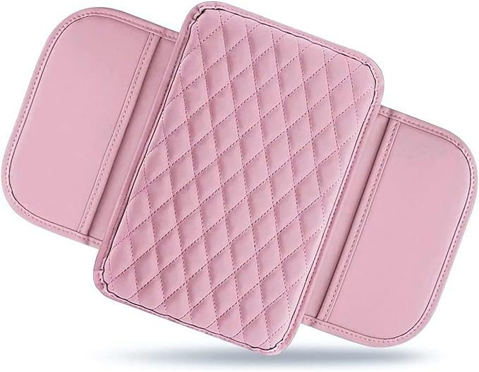Center Console Cover, Microfiber Leather Arm Rest Cover Cushion with 2 Storage Bags, Middle Console Protective Cover, Car Accessories for Women, Universal for Trucks, Cars, SUVs (Pink)