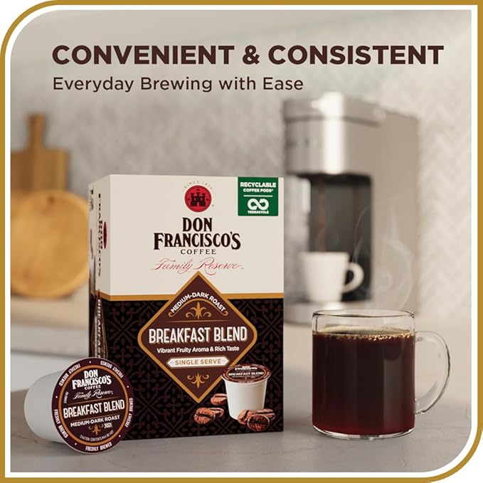 Don Francisco's Breakfast Blend Coffee Pods, 24 Count, Medium-Dark Roast, Compatible with Keurig Brewers