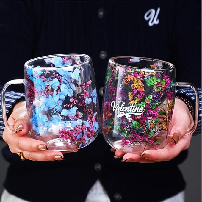 15.2Oz Double Glass Flower Tea Cup,Dried Flowers Insulated Glass Double Wall Coffee Mug With Handle,Transparent Doubles Glases Flower Tea Cup Latte Coffee Cups,Valentines Day Party Gifts
