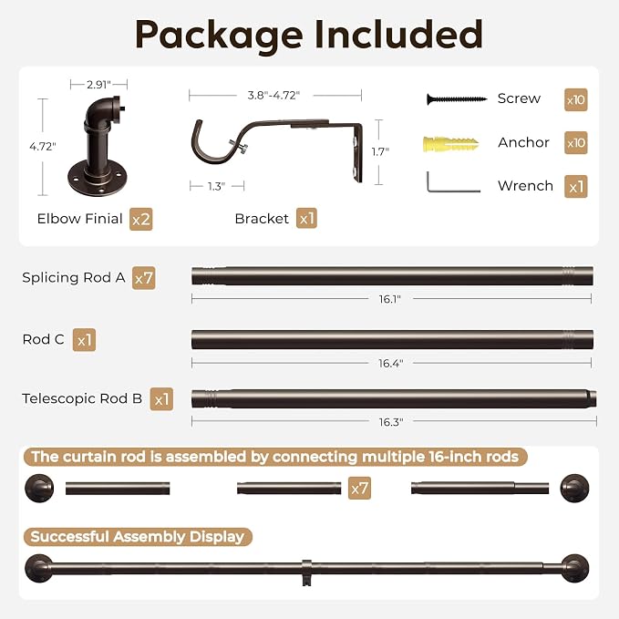 Zeerobee Curtain Rods for Windows 72 to 144, 1 Inch Industrial Wrap Around Antique Bronze Curtain Rod, Indoor/Outdoor Room Divider Adjustable Drapery Pole, 72"-144"