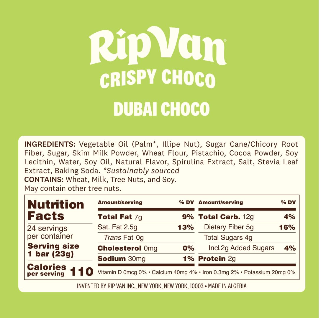 Rip Van Dubai Chocolate Bar Crispy Choco – Healthy Snack with Creamy Pistachio & Toasted Kunafa – Dubai Choco Flavor – 4g Sugar, 5g Fiber – Guilt-Free Indulgence – 12 Pack