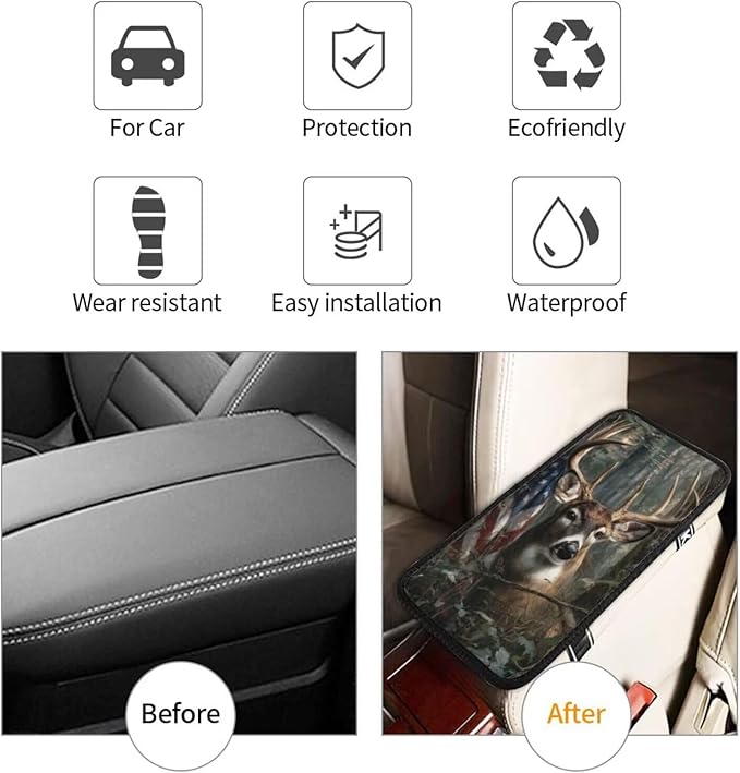 Flag Elk Car Center Console Non-Slip Armrest Cover Vintage Deer Jungle Hunting Arm Rest Seat Box Covers Protector Fit for Most Cars Sedans Vans Truck Vehicles, SUVs