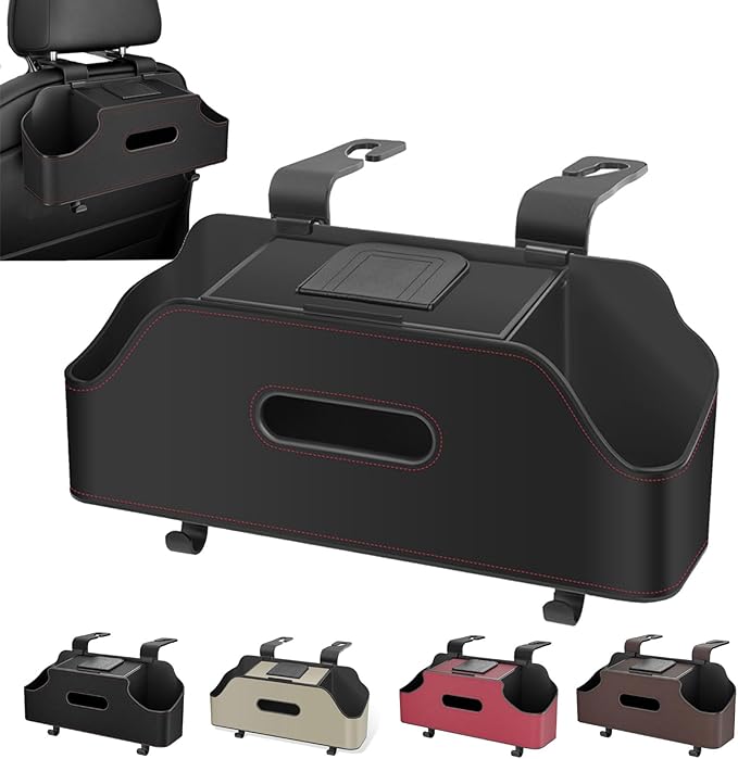 3-in-1 Car Backseat Organizer, Multifunctional Car Seat Back Storage Box, Car Storage Organizer with Cup Holders Tissue Box for Travel, Road Trip (Black)