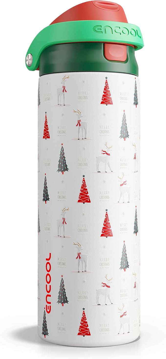 ENCOOL Christmas SwiftSip Insulated Water Bottle with Straw, Stainless Steel Water Bottle, Leak Proof BPA-Free, Keeps Cold for 24 Hours for Sports, Christmas Holiday Gifts for Women, 24oz, Nordic Noel