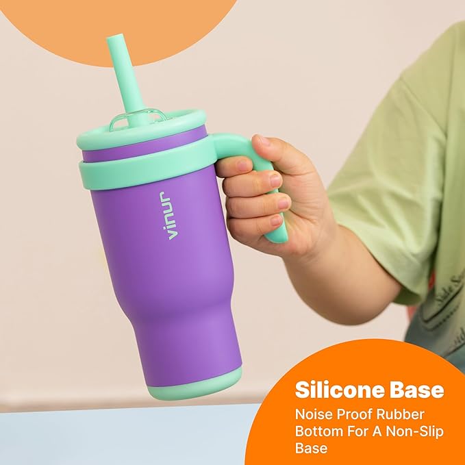 VINUR Kids Insulated Tumbler with Lid and Straw 17 oz-Spill Proof& Leak Resistant-Stainless Steel Vacuum Tumbler Travel Mug with Handle & Silicone Base-Cup Holder Friendly, Purple