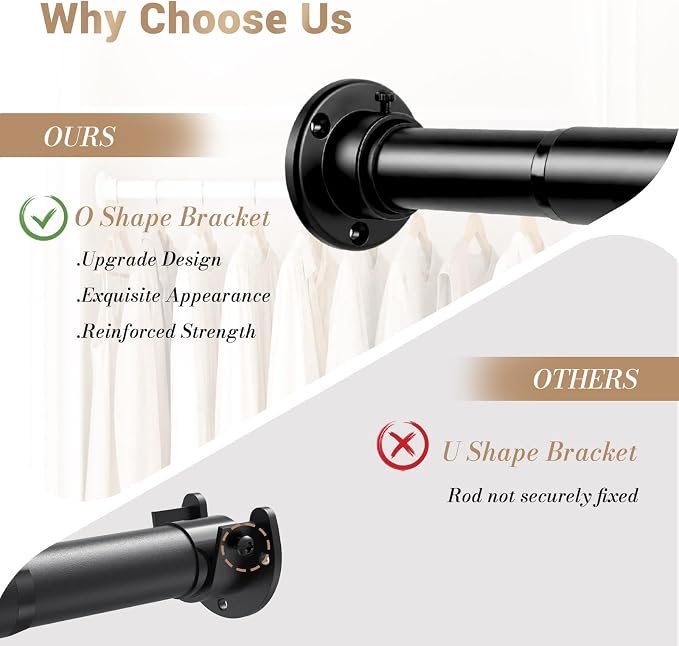 Closet Rod Adjustable 17 to 28 Inch, 1-1/4” Diameter, Closet Rods for Hanging Clothes, Stepless Metal Heavy Duty Hanging Rod for Closet Wardrobes Laundry RV (Black)