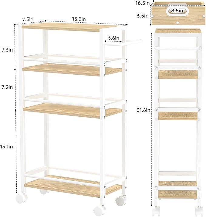 Slim Storage Cart, 4-Tier Small Rolling Cart with Wheels, 8.5" Deep, Narrow Bathroom Shelf Trolley for Kitchen, Bathroom, Laundry Room, White Medium 4-Tier (8.5" W x34.7 H)