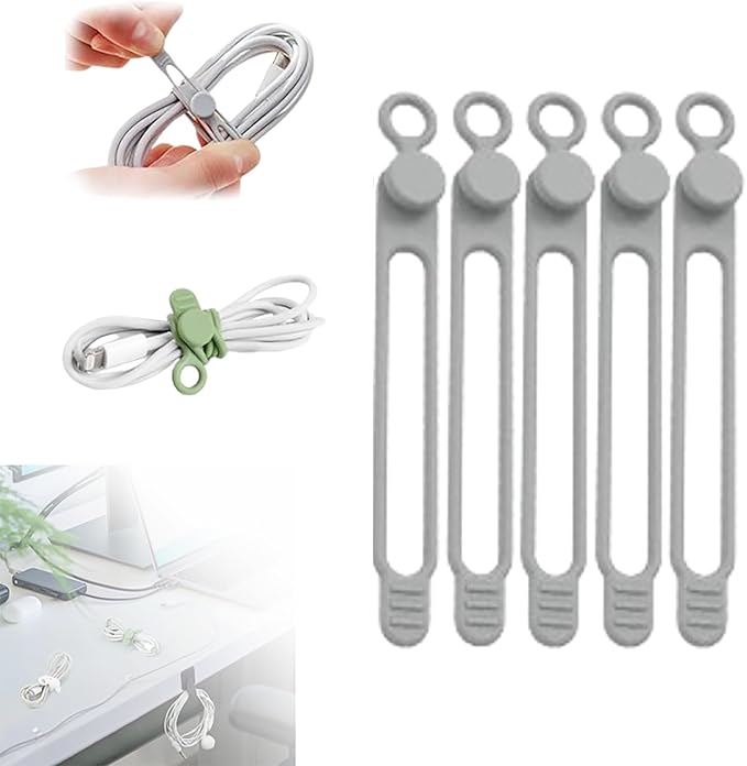 Silicone Cable Ties, Data Cable Organizer Reusable Cable Management Organizer, Multipurpose Elastic Cord Organizer for Bundling and Fastening Cable Cords Wires for Travel/Office/Home (Grey, 5Pack)