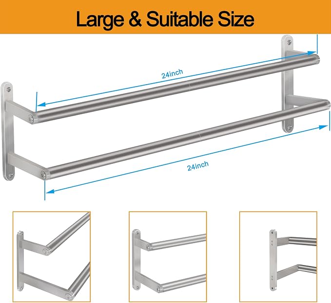 Double Towel Bar, 24Inch Towel Rack for Bathroom, Stainless Steel Double Bath Towel Bar, Wall Mounted Towel Holder, Double Towel Rod Towel Rail Hanger for Wall, Kitchen (Brush Nickel)