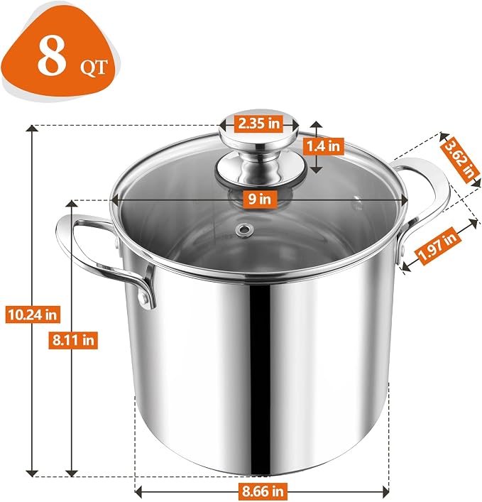 P&P CHEF 8 Quart Stainless Steel Stock Pot with Lid, Large Stockpot for Cooking Pasta Soup, Cookware for Induction Gas Electric Stoves, Visible Lid & Measuring Markings, Dishwasher Safe
