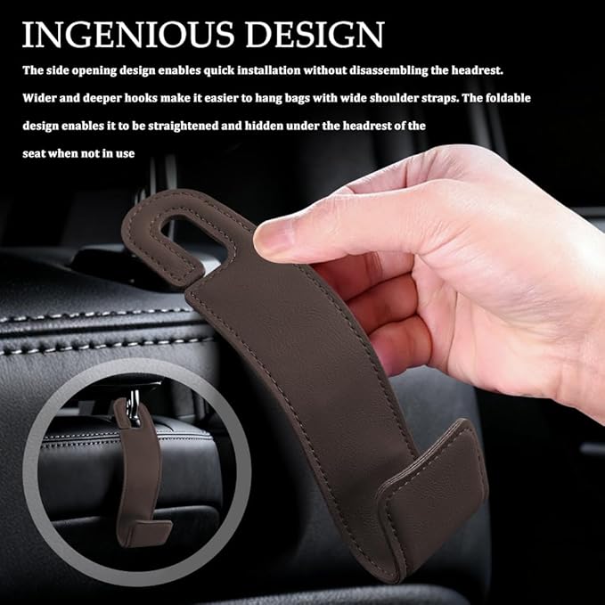 1PCS Purse Holder for Car, Purse Hook for Car, Leather Headrest Hooks for Automotive Back Seat, Auto Accessories Back Seat Organizer Hook for Grocery Bag Handbag Coat (Brown, 1PCS)