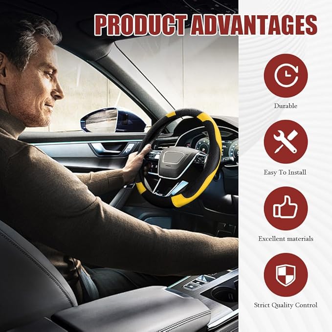 Car Steering Wheel Cover, Steering Wheel Protector, Universal 14.5-15 Inch Microfiber Leather Breathable Auto Steering Wheel Covers, Carbon Fiber Steering Wheel Cover for Women Men (Yellow)