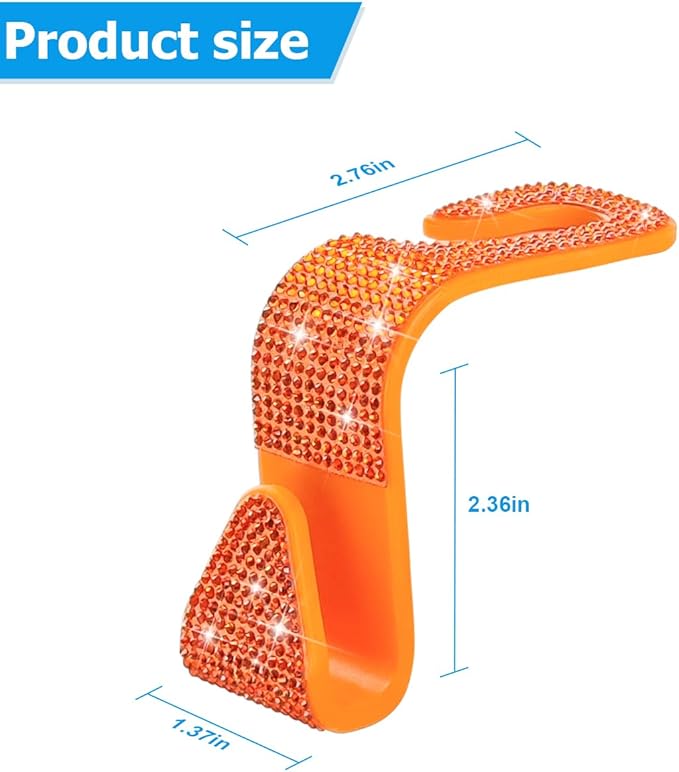 4PCS Bling Car Seat Headrest Hooks, Vehicle Back Seat Purse Handbag Hanging Holder with Crystal Rhinestone, Diamond Storage Organizer Hook, Universal Automotive Accessories (Orange)