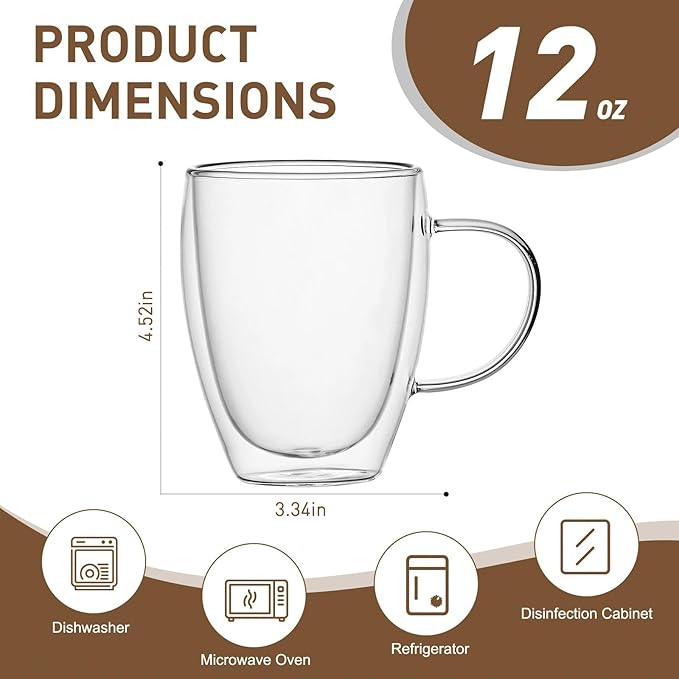 12 Oz Double Walled Glass Coffee Mugs with Handle, Insulated Layer Coffee Cups, Clear Borosilicate Glass Mugs - Gift for Cappuccino,Tea,Latte,Espresso,Hot Beverage,Cold Drinks, Set of 2