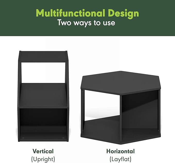 Furinno Simple Design Coffee Table, Hexagon Modern Center Table with Open Shelf, Vertical or Horizontal Side Table, for Living Room, Bedroom, Home Office, Americano