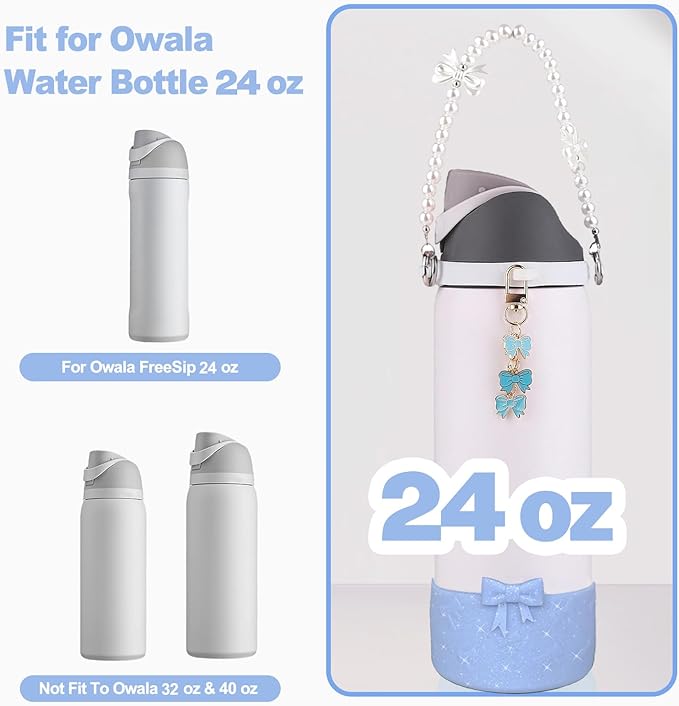 Water Bottle Accessories Set for Owala FreeSip 24oz、32 oz– Includes Pearl Handle Strap, Bow Charms,2.9in .3inch Silicone Bling Boot for Owala Accessories for Women
