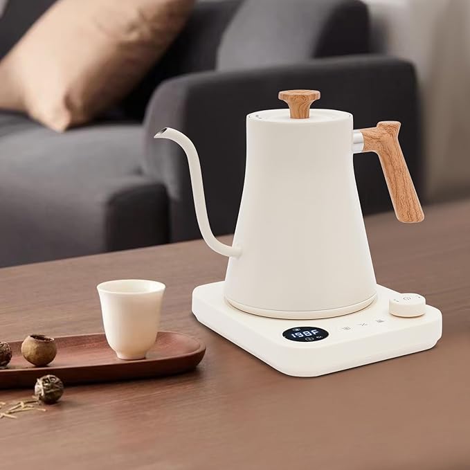 Electric Gooseneck Kettle, 1200W Precision Gooseneck Spout Designed with LED display, Digital Goose Neck Kettle for Quick Heat Up, Stainless Steel, White, 104-212 °F