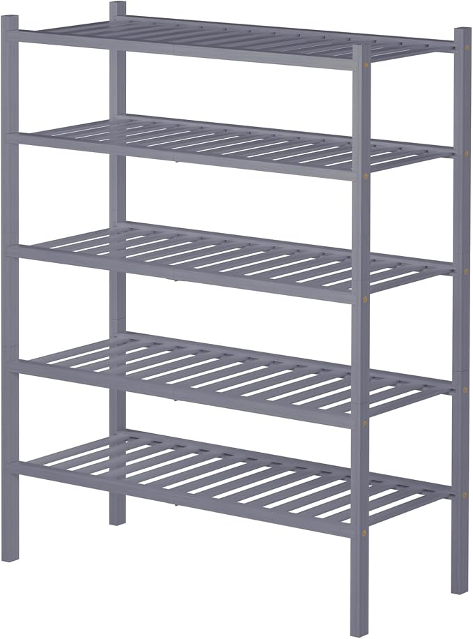 ROMGUAR CRAFT 5 Tier Bamboo Shoe Rack for Closet Free Standing Wood Shoe Shelf for Entryway Small Space Stackable 27"x11"x33" (Grey)