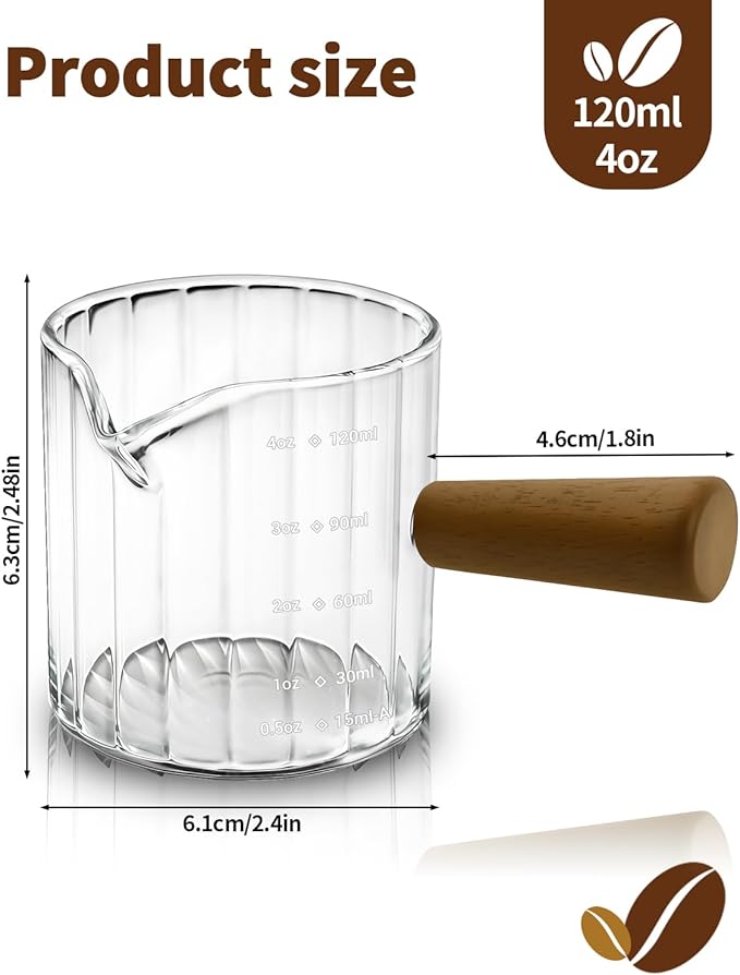 Espresso Measuring Cup 4 Oz, Espresso Glass Cups with Wood Handle, Milk Frothing Cup, Espresso Cup for Coffee, Milk, Tea or Maple Syrup Serving (Transparent, 4 oz)