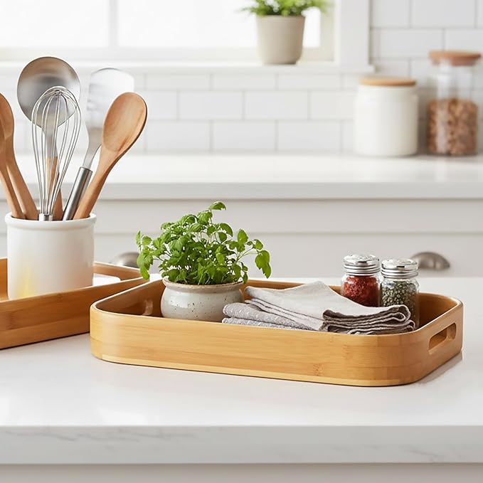 Dicunoy Set of 2 Bamboo Serving Tray, Solid Wood Breakfast Tray with Handles and Arc Angles, Large Size for Food, Dinner, Tea, Coffee, Bar, Parties, 15.6" L x 10.8" W /12.6" L x 8.5" W