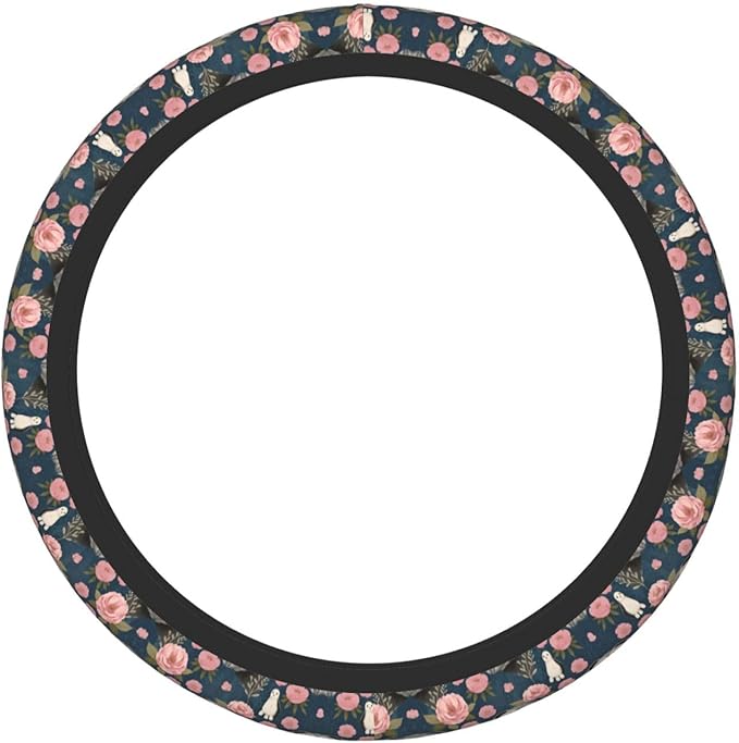 Schnauzer Dog and Vintage Florals Universal Fit Steering Wheel Cover for Car, Truck, and SUV, Durable Steering Wheel Protection