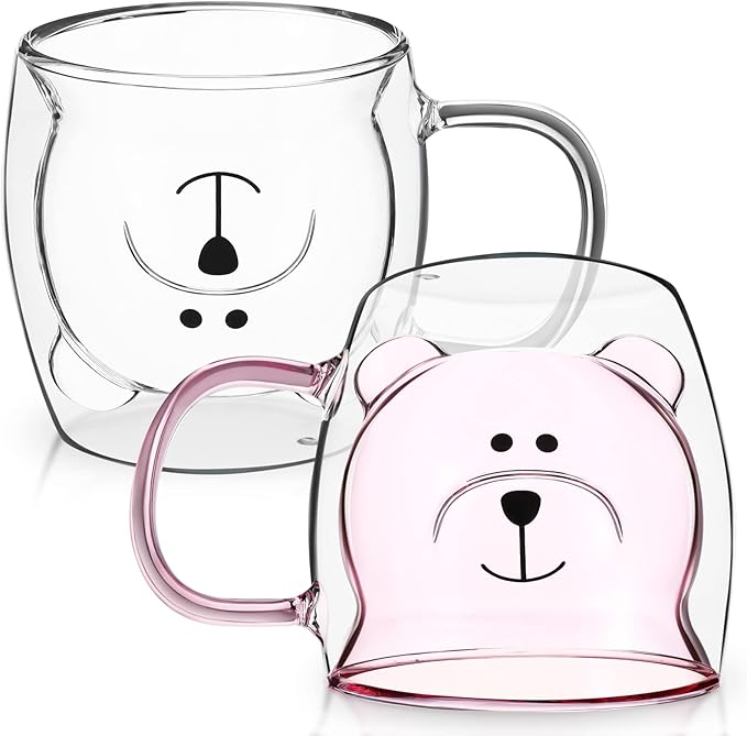 Patelai Cute Bear Tea Cup Double Wall Glass Milk Coffee Bear Mug with Handle Insulated Espresso Christmas Beer Cup Cute Birthday Gift for Women Men Valentine, 250 Ml/ 8. 4 oz(Pink, White,2 Pieces)
