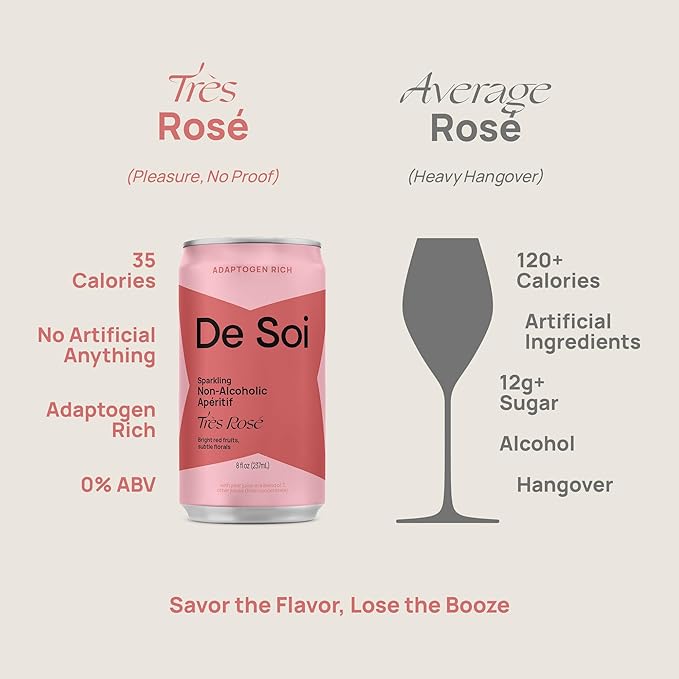 De Soi Très Rosé 12-Pack – Sparkling Non-Alcoholic Rosé-Inspired Drink with Adaptogens, L-Theanine, Lion’s Mane & Reishi Mushroom, Elegant Mocktail & Alcohol Alternative