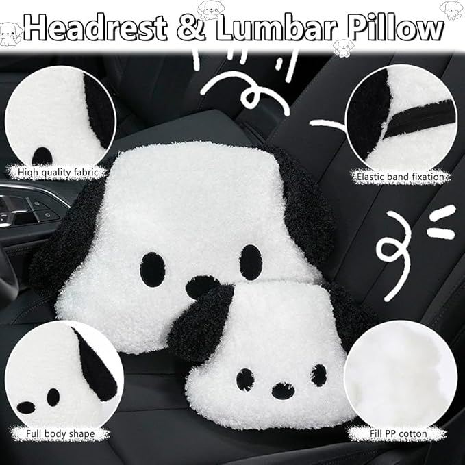 Set of 4 Car Headrest & Lumbar Support & Seat Cushion & Back Support Pillow Cute Black & White Dog Pattern Car Seat Pillow Comfortable & Durable Car Accessories Pillow for Long Sitting