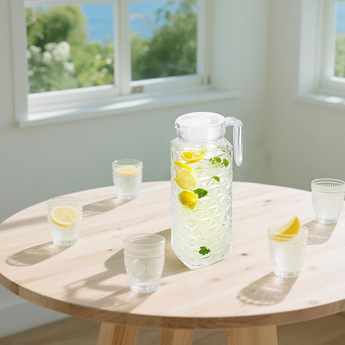 1 Pack 1.1L Plastic Jugs with Lid and Handle, Acrylic Juice Jug, Transparent Fridge Water Pitcher, Unbreakable, Easy to Clearn Water Jug for Iced Tea, Lemonade, Cold or Hot