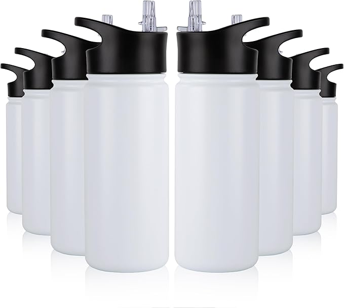16 oz Insulated Water Bottle Bulk 8 Pack, Straw & Spout Lid, Keep Cold 24H, Spill Proof, BPA-Free, Double Wall, Stainless Steel Kids Water Bottles for School, Sports, White