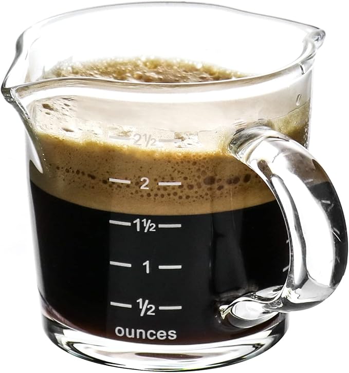 QWORK Espresso Shot Glass with Handle, 4 Pack 3-Ounce Double Spout Glass Measuring Cup Triple Pitcher Milk Cup with Two Scales (OZ&ML)