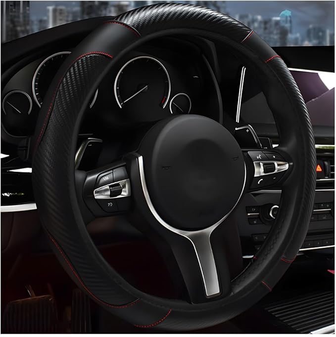 Elastic Steering Wheel Cover with Carbon Fiber Design, Black