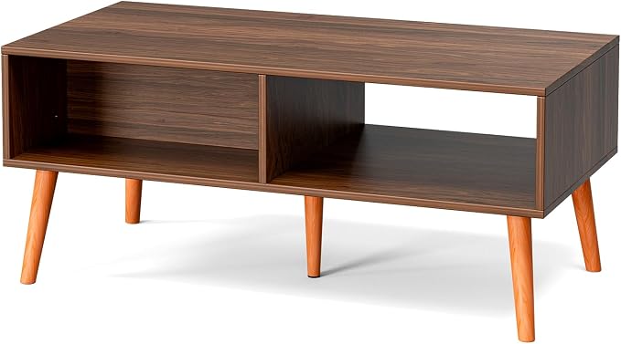 ZttRiee Coffee Table with Storage, Boho Dining Table with Rattan Drawer and Solid Wood Legs, Small Coffee Tables for Living Room, Walnut