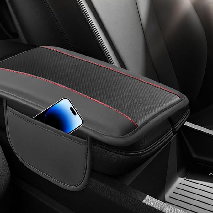 Car Center Console Cover, Carbon Fiber Leather Car Armrest Cover Protector, Auto Middle Console Support Pad with Side Storage, Universal Storage Box Cushion for Most Vehicle Interior (Black)