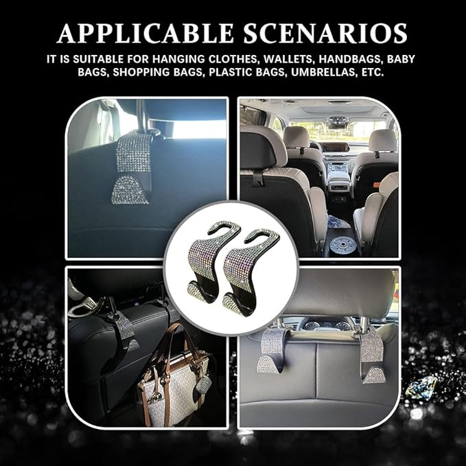 2PCS Car Seat Hooks, Purse Hook for Car, Crystal Rhinestone Vehicle Backseat Purse Holder, Auto Accessories Diamond Auto Seatback Storage Organizer Hanger for Handbag Clothes Purse (Colorful)