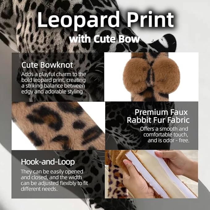 Car Steering Wheel Cover with Leopard Print & Cute Bowknot Soft Anti-Slip Y2K Retro Luxury Fluffy Fur Car Interior Accessory (Leopard Set 5)