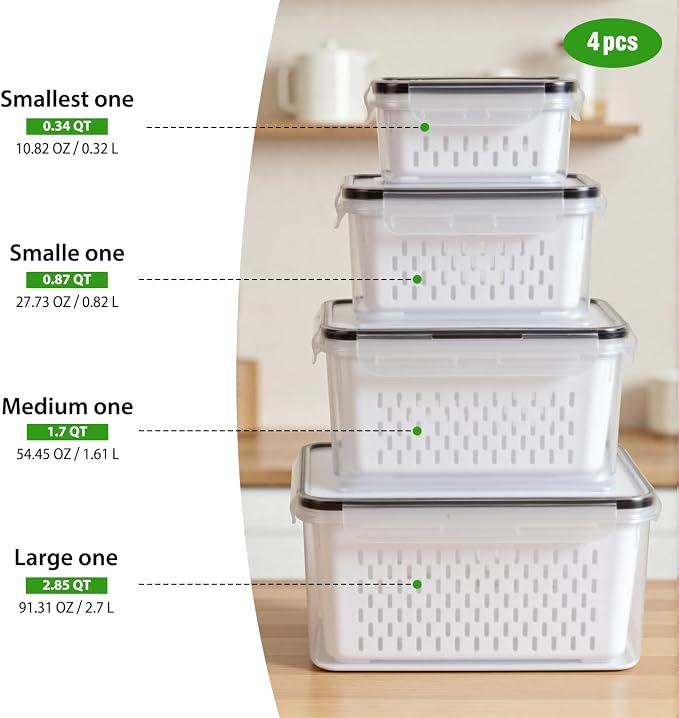 4 PCS Fruit Storage Containers for Fridge, Leakproof Produce Containers for Fridge with Removable Colander, Microwave/Dishwasher Safe Fruit Washing Bowl Keep Fruits, Vegetables, Berry Fresh longer