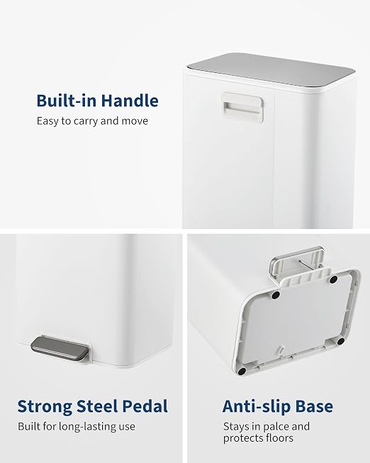 4 Gallon/15 Liter Trash Can, Stainless Steel Step Garbage Can with Quiet Soft-Close Lid, Foot Pedal & Removable Inner Bucket, Rectangular Trash Bin for for Living Room Home Office, White