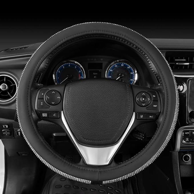 BDK Bling Bling Glitter Diamond Leather Steering Wheel Cover with 9 Rows Crystal Rhinestones, Fits Wheels 14.5-15 inch for Women/Girls Crystal Rhinestones - Silver
