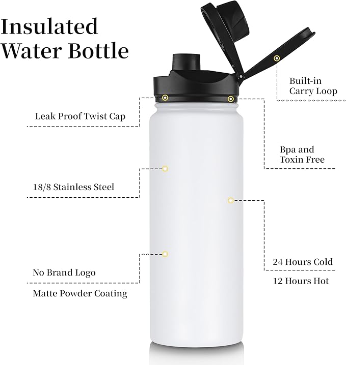 24 oz Insulated Water Bottle Bulk 4 Pack, Stainless Steel Sports Water Bottles with Straw Lid & Wide Mouth Lids, Double Walled Vacuum, Leak Proof, White
