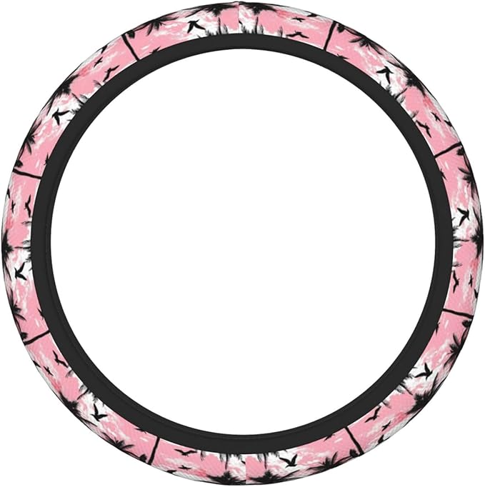 Black Palm Trees Birds Steering Wheel Cover for Women Men Girls, Car Accessories Decor Thickened Anti-Slip Auto Steering Wheel Covers Protector Universal Fit 15 Inch for Cars, Truck, SUV