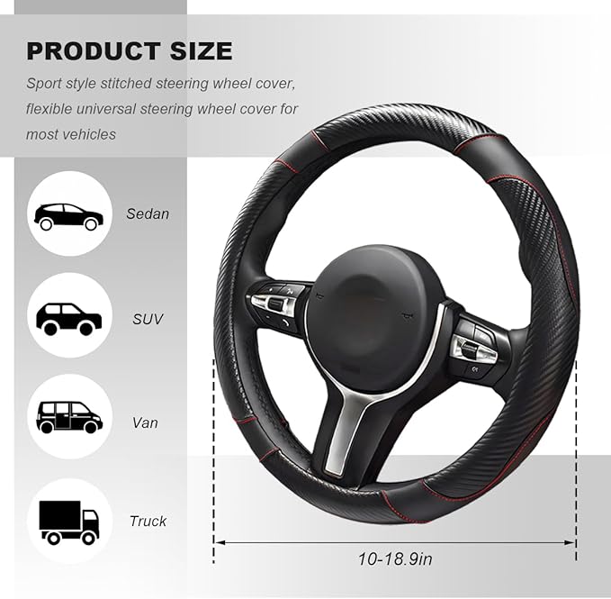 Car Steering Wheel Cover, 15 Inch Carbon Fiber Elastic Vehicle Steering Wheel Protector, Breathable Leather Auto Wheel Covers for Women Men, Interior Car Accessories (Black)