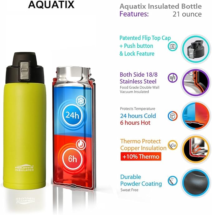 Aquatix (Vapor Lime, 21 Ounce) Yellow Light Green Pure Stainless Steel Double Wall Vacuum Insulated Sports Water Bottle with Convenient Flip Top - Keeps Drinks Cold for 24 Hours, Hot for 6 Hours