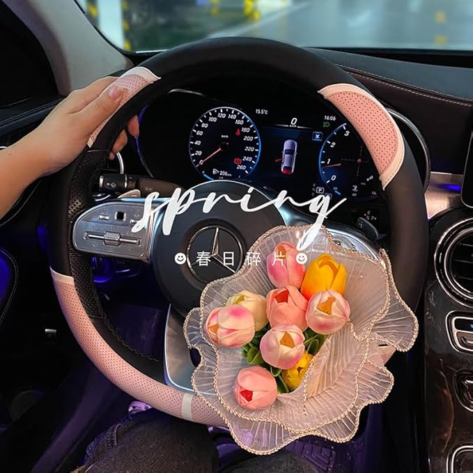 Cute Steering Wheel Cover Universal 4-Season Car Steering Wheel Cover Black (Black Pink)