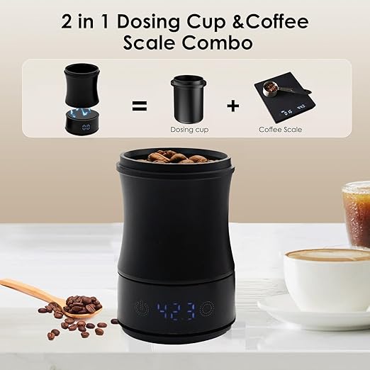 Digital Coffee Scale with Dosing Cup 2-in-1, 0.1g Precision USB-C Rechargeable Espresso Scale, IPX4 Waterproof, Multi-Purpose for 58mm Espresso Machines, Drip, French Press