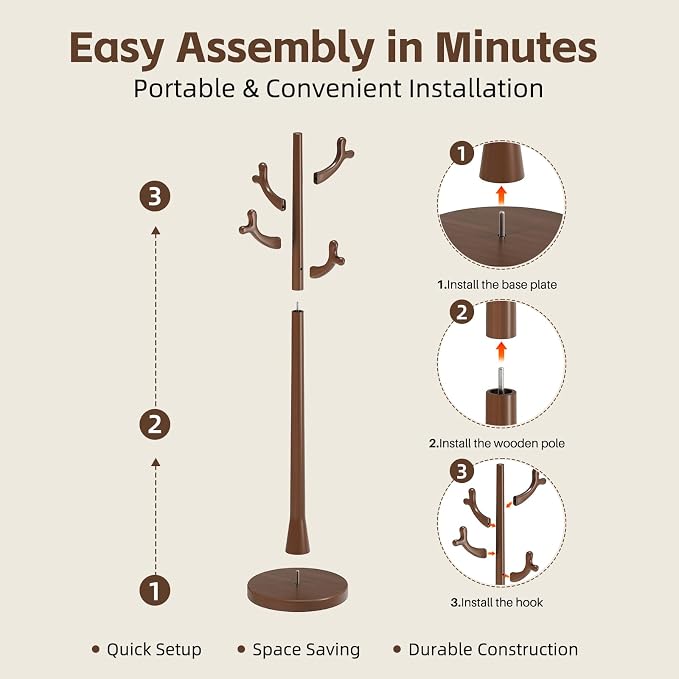 Uniclinens Coat Rack Freestanding Solid Wood Coat Tree Standing with 4 Hooks, Coat Rack Stand Creative Tree Branch-look (Walnut)