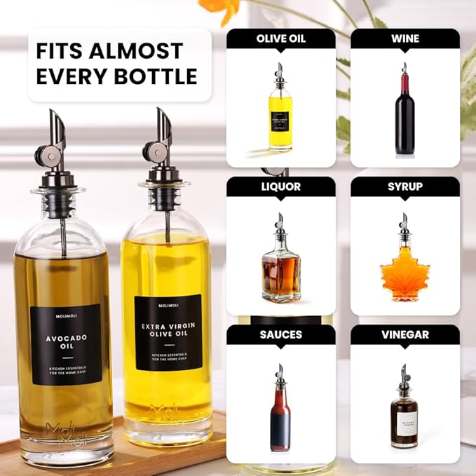 Molimoli Pack of 4 Premium Liquor Pour Spout Made of Stainless Steel with Automatic Anti-Oxidation Mechanism, Bottle Pourers for Alcohol and Wine, Olive Oil Dispenser Spout, Oil Bottle Spout, Black