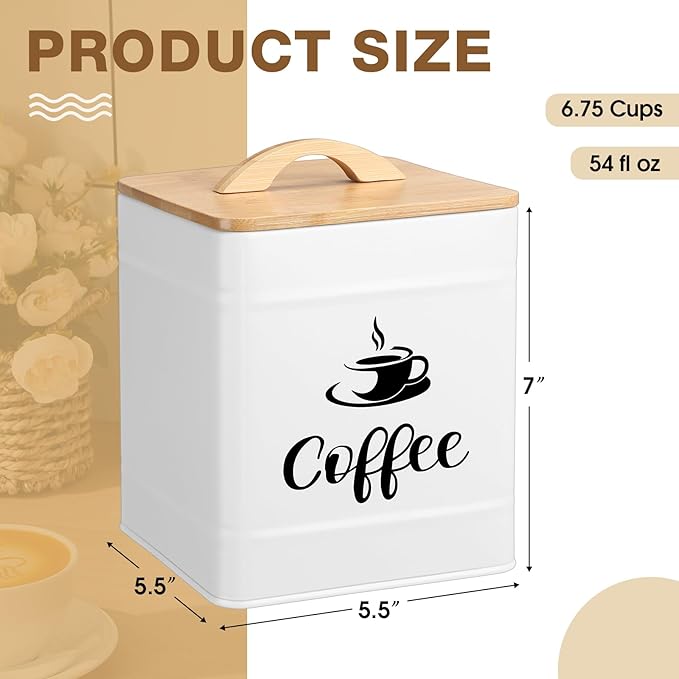 Maxdot 40 oz Coffee Container White Airtight Coffee Canister Large Iron Farmhouse Container with Wooden Bamboo Lid Tea Storage Canisters for Kitchen Countertop Grounds Beans Pods Housewarming Gifts